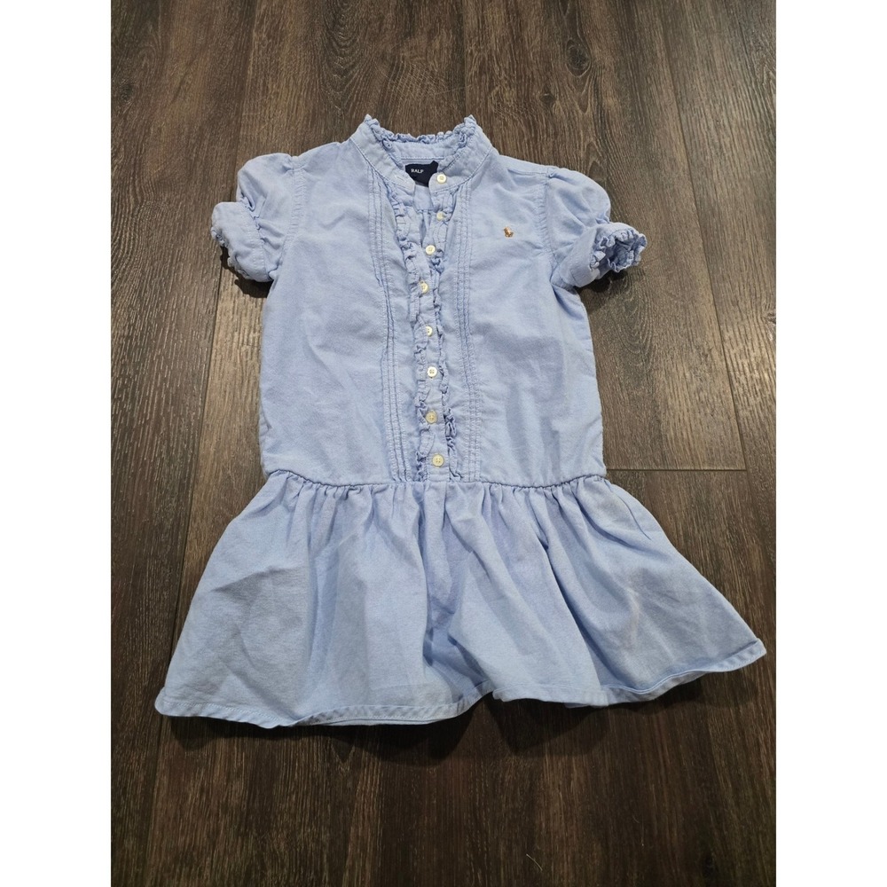 Ralph Lauren Girls Blue Oxford Cotton Ruffle Button Front Drop Waist Dress 4